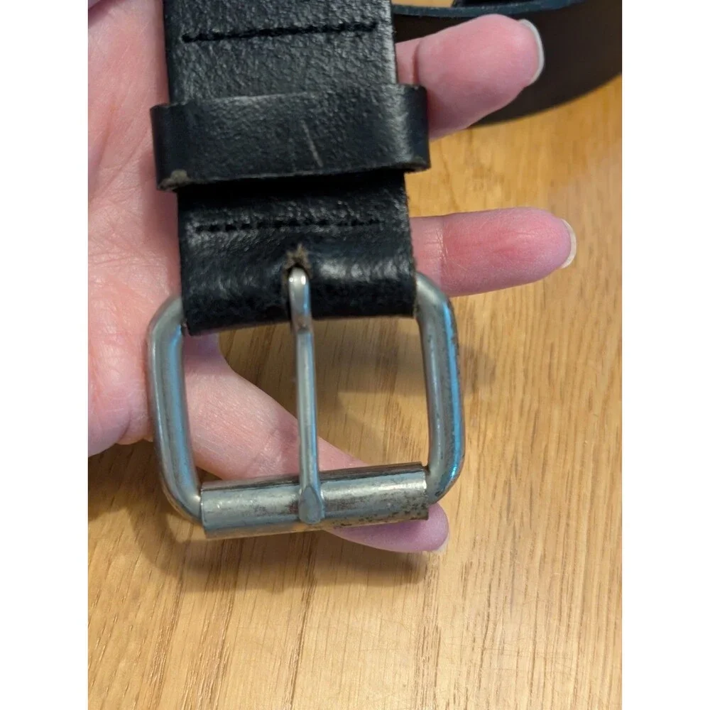 Rugged Black Real Leather Belt featuring a silver metal buckle &rivets 36